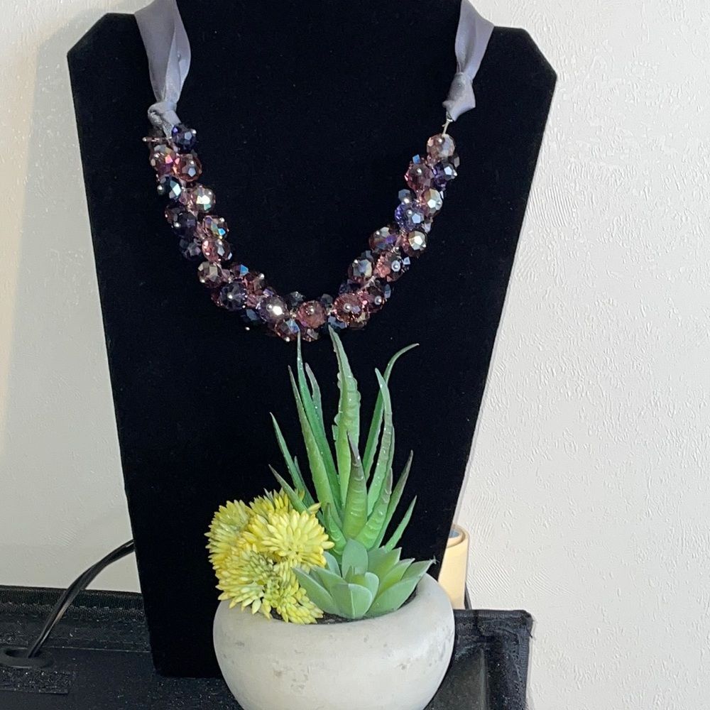 ALI-KHAN NEW YORK | Fashion Necklace | Purple Crystal Beads | satin ribbon